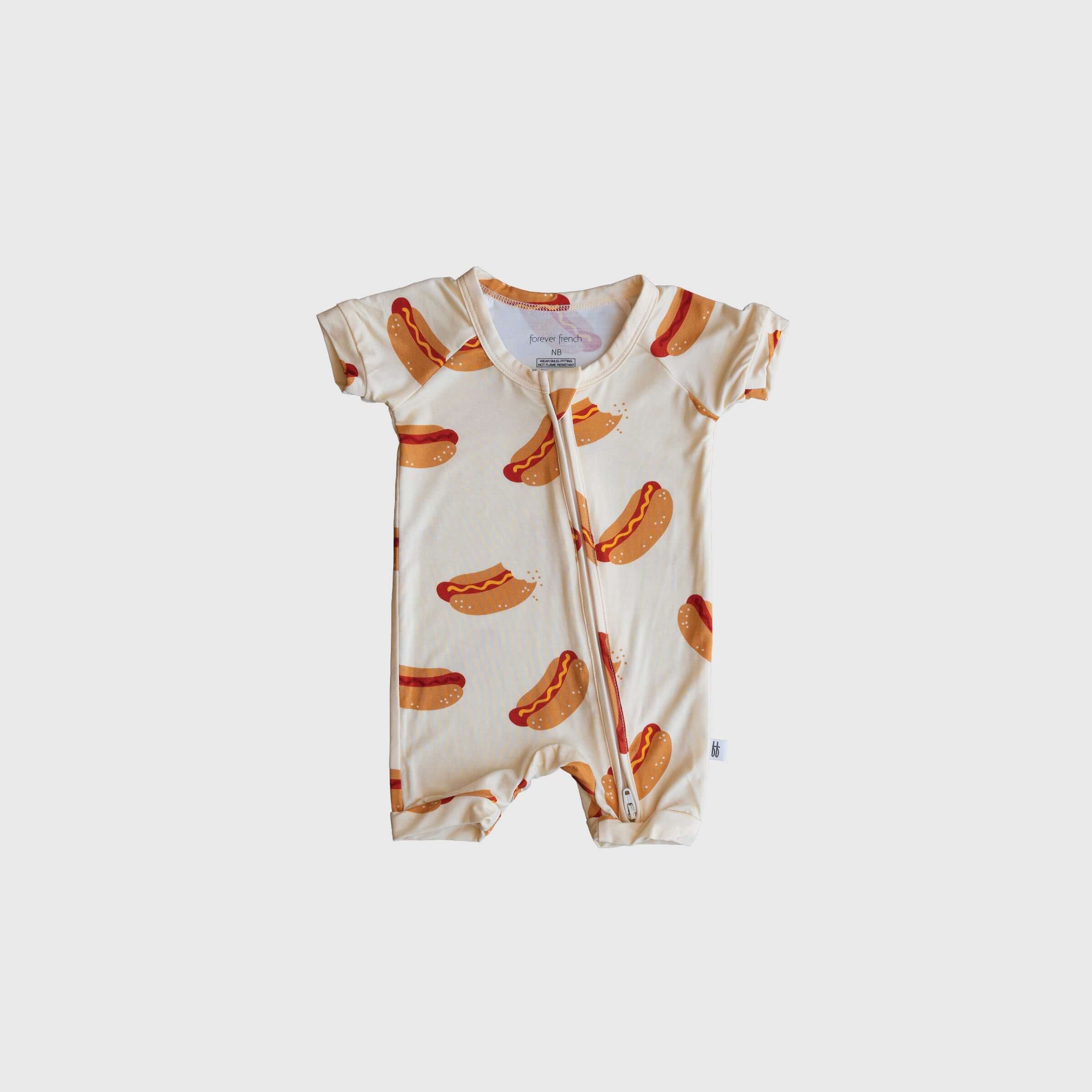Hot Dogs | Shortie Bamboo Zip romper featuring fun hot dog prints | milk & baby