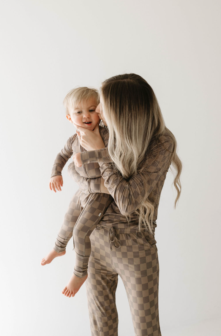 Faded Brown Checkerboard | Bamboo Zip Pajamas Milk & Baby