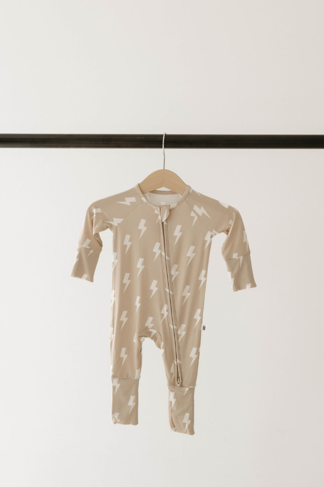 Tan & Cream Lightning Bolt | Bamboo Zip Pajamas Milk & Baby