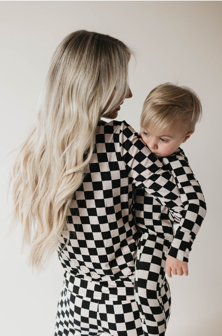 Black Checkerboard | Bamboo Zip Pajamas | Milk & Baby