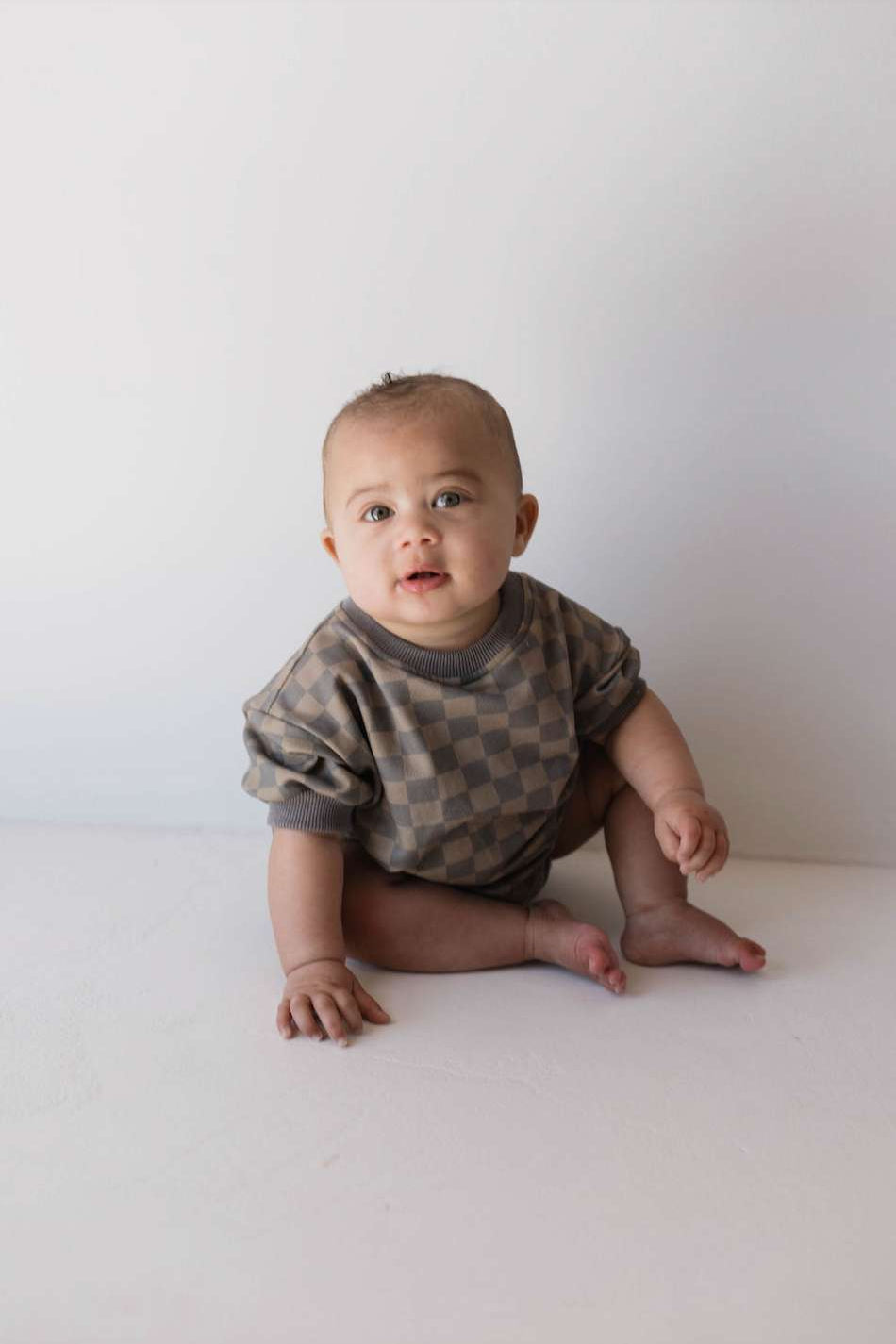 Faded Brown Checkerboard | Short Sleeve Romper | Milk & Baby