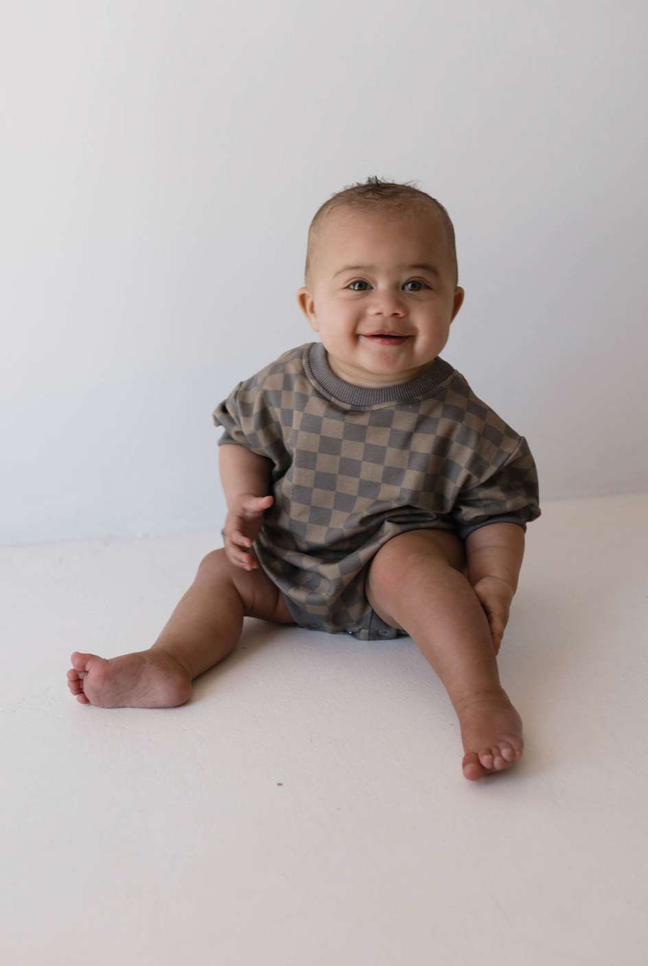 Faded Brown Checkerboard | Short Sleeve Romper | Milk & Baby