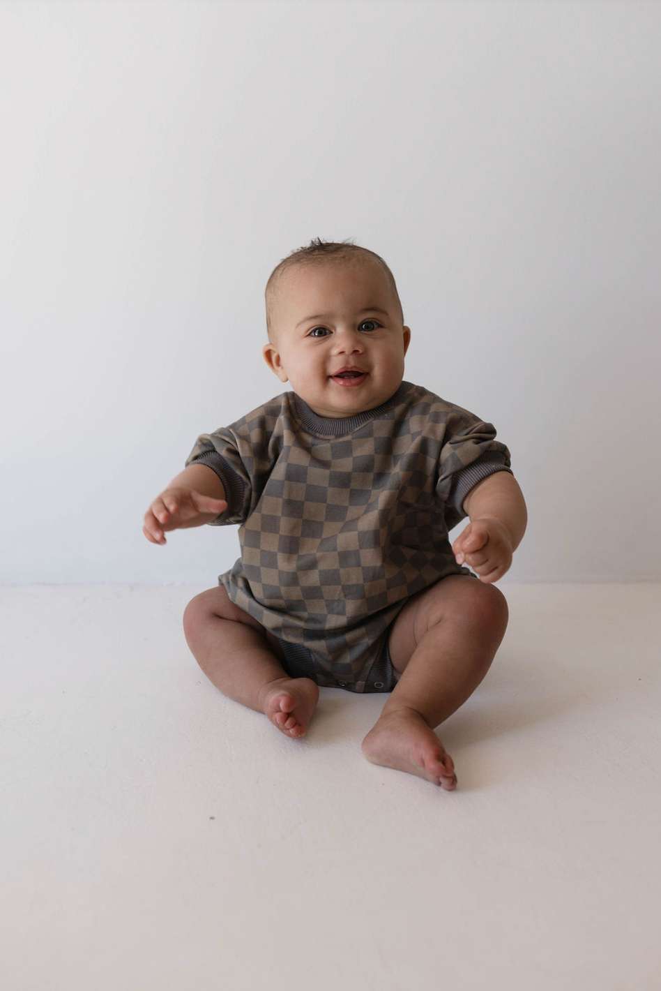 Faded Brown Checkerboard | Short Sleeve Romper | Milk & Baby