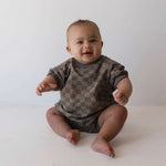 Faded Brown Checkerboard | Short Sleeve Romper | Milk & Baby