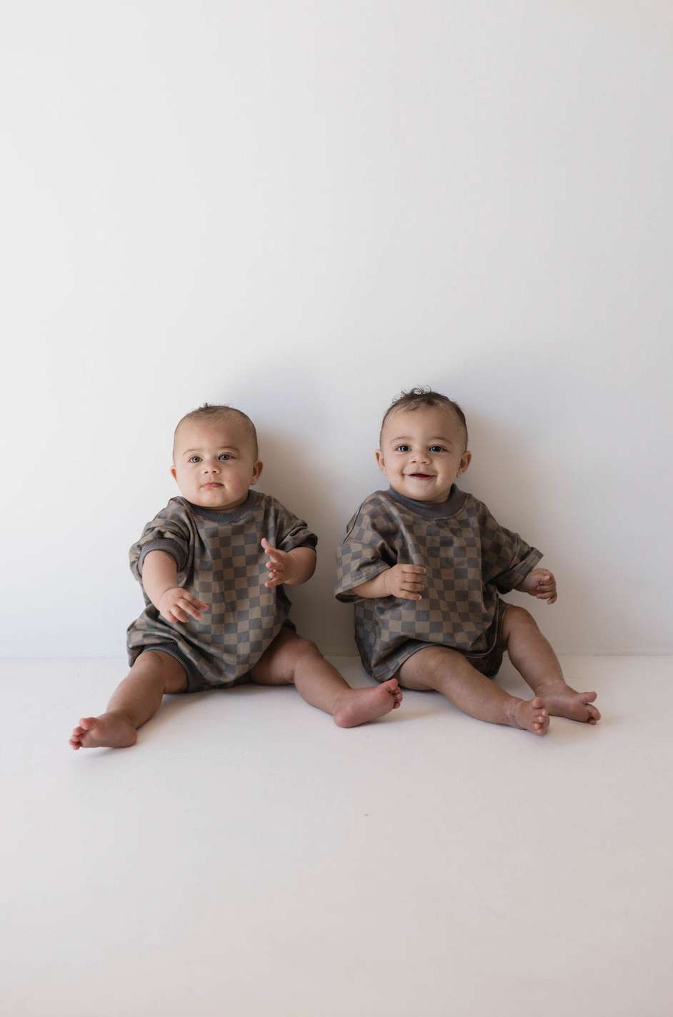 Faded Brown Checkerboard | Short Sleeve Romper | Milk & Baby