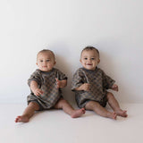 Faded Brown Checkerboard | Short Sleeve Romper | Milk & Baby