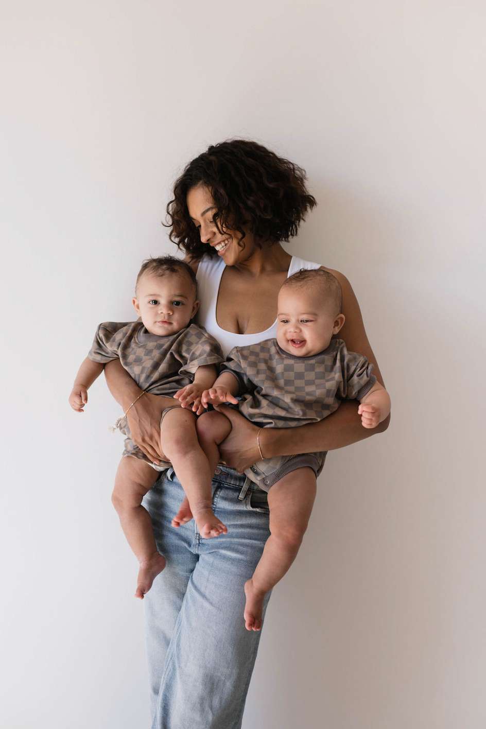 Faded Brown Checkerboard | Short Sleeve Romper | Milk & Baby