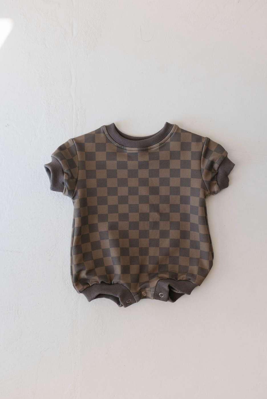 Faded Brown Checkerboard | Short Sleeve Romper | Milk & Baby