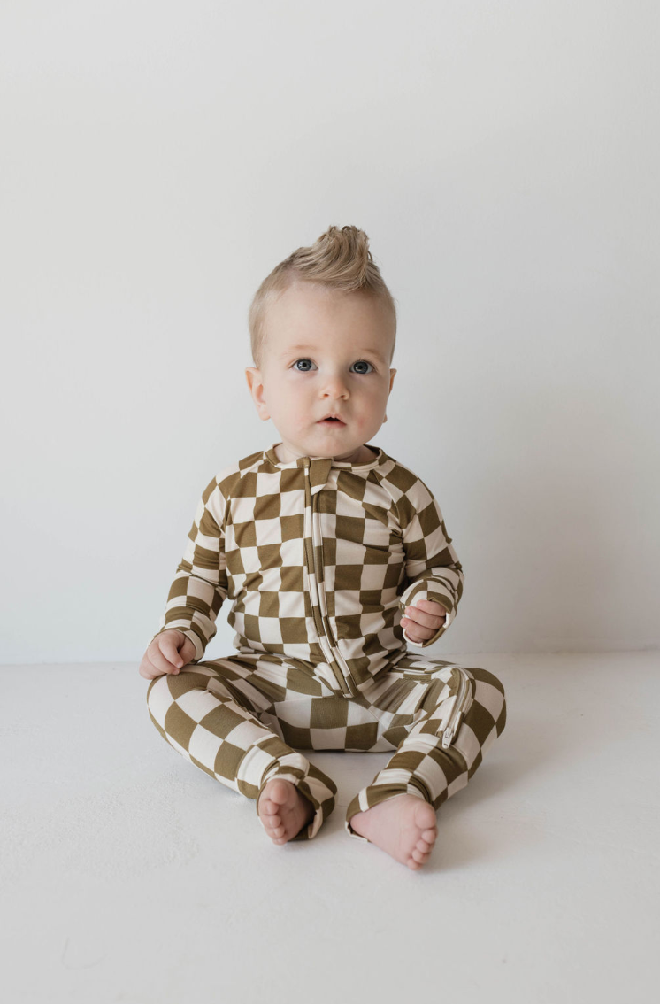 Olive Checkerboard | Bamboo Zip Pajamas | Milk & Baby