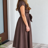 Cotton Poplin Tie Front Midi Dress | Chocolate Brown