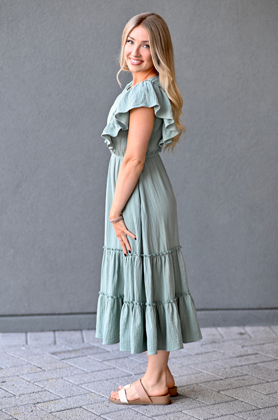 Cotton Gauze Ruffle Midi Dress in Seafoam Green - side