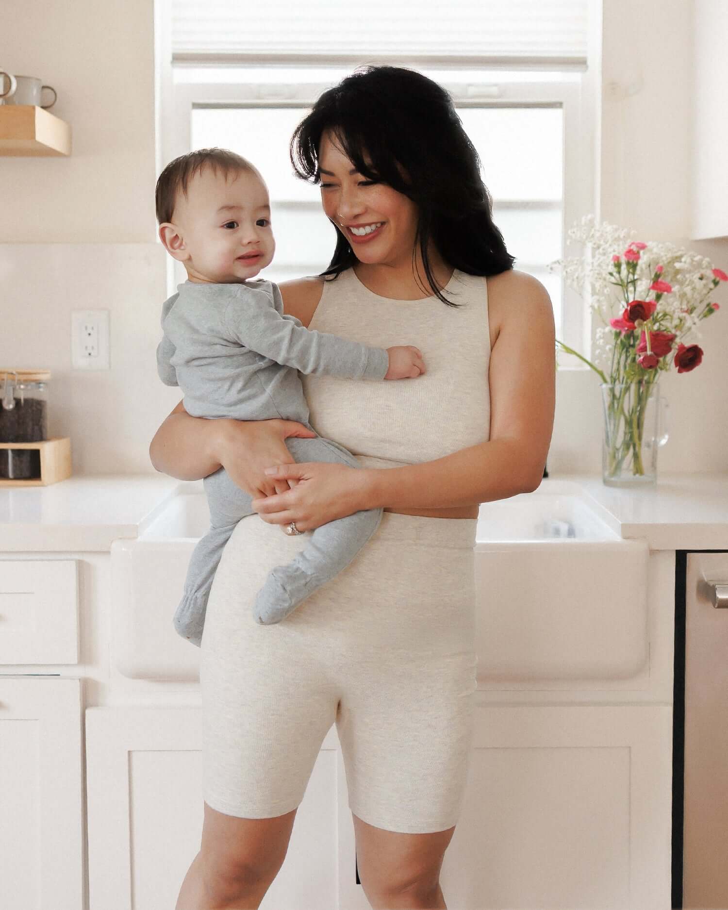 Sublime® Bamboo Maternity & Postpartum Bike Short | Oatmeal Heather | Milk & Baby