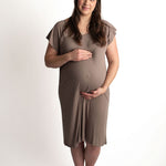Pregnant woman in a cozy ribbed cocoa brown Labor & Delivery Gown, showcasing comfort and style.