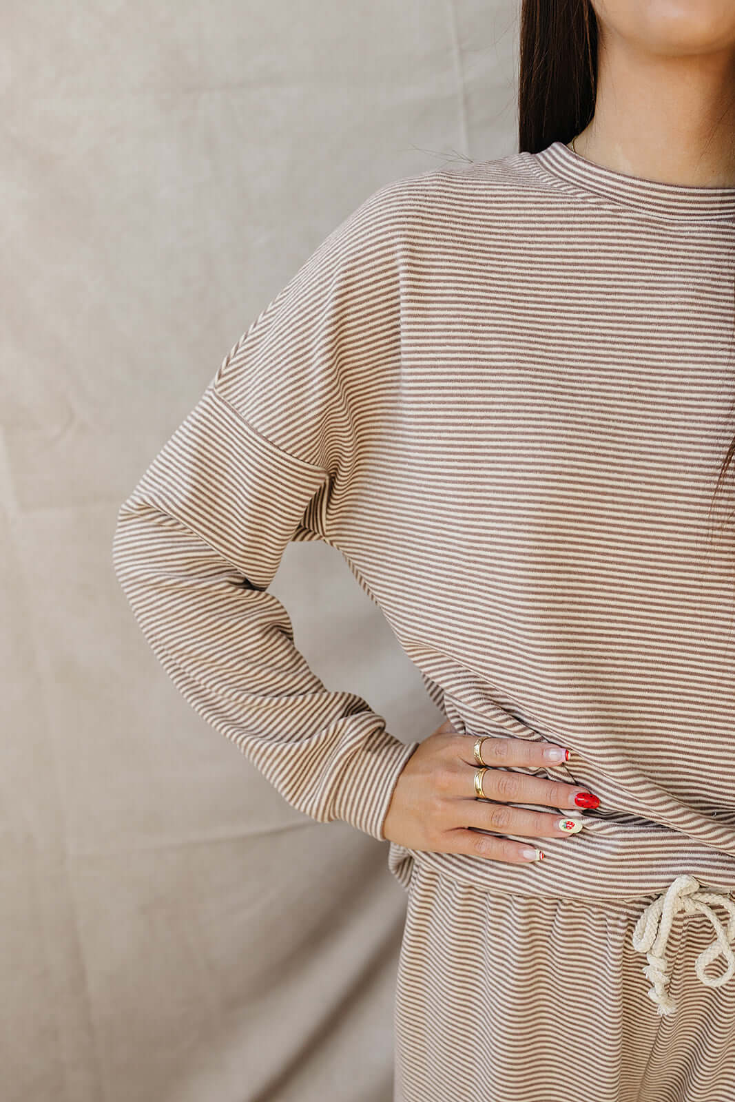Relaxed fit detail of Women's Striped Loungewear Set showcasing soft stripes and cozy style.