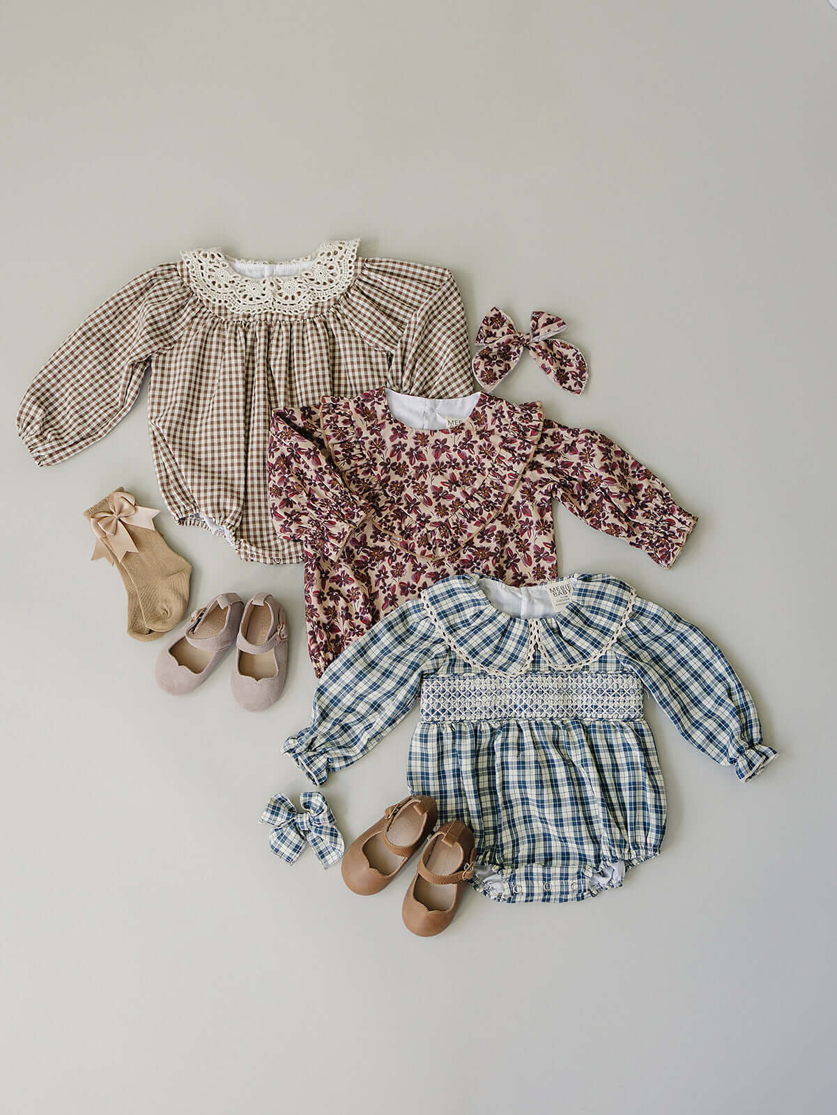 Antique Floral Bubble Romper and other cute outfits for babies, perfect for cooler days and playdates.