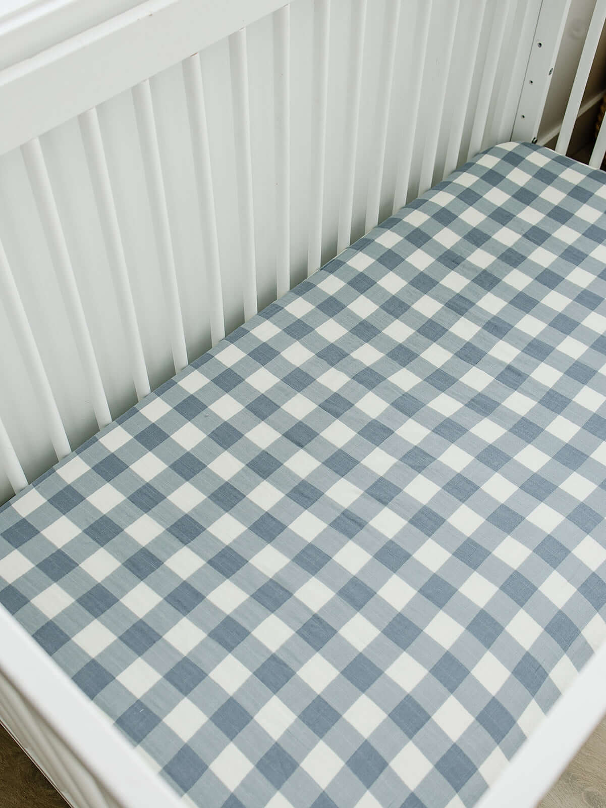 Dusty Blue Gingham Muslin Crib Sheet | Milk & Baby