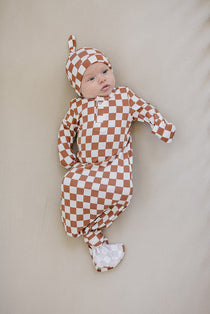 Rust Checkered Bamboo Knot Gown | Milk & Baby