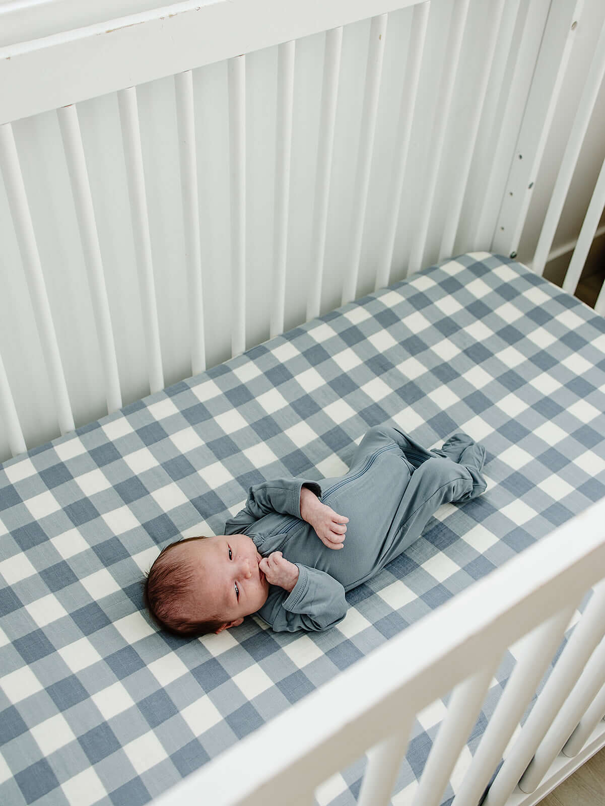 Dusty Blue Gingham Muslin Crib Sheet | Milk & Baby