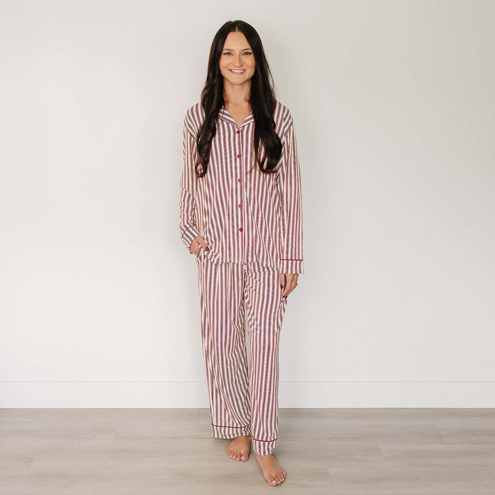 Adult Red Stripe Lounge Set | Celebrate in style with our cozy Adult Red Stripe Lounge Set. Perfect for family photos or relaxing evenings. Get your Family Pajamas today! | Milk & Baby