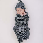 Navy Stripes Ribbed Bamboo Stretch Swaddle | Milk & Baby
