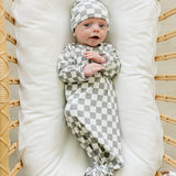 Light Green Checkered Bamboo Newborn Knot Hat | Milk & Baby