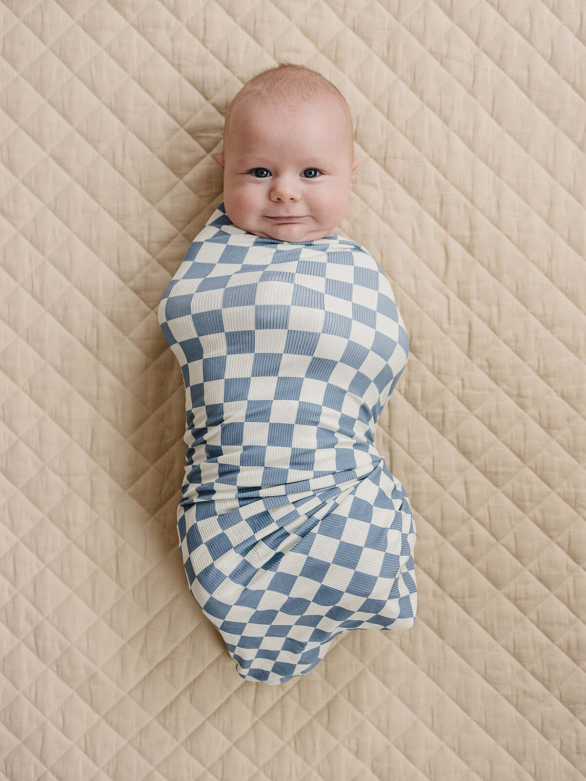 Blue Checkered Ribbed Bamboo Stretch Swaddle | Milk & Baby