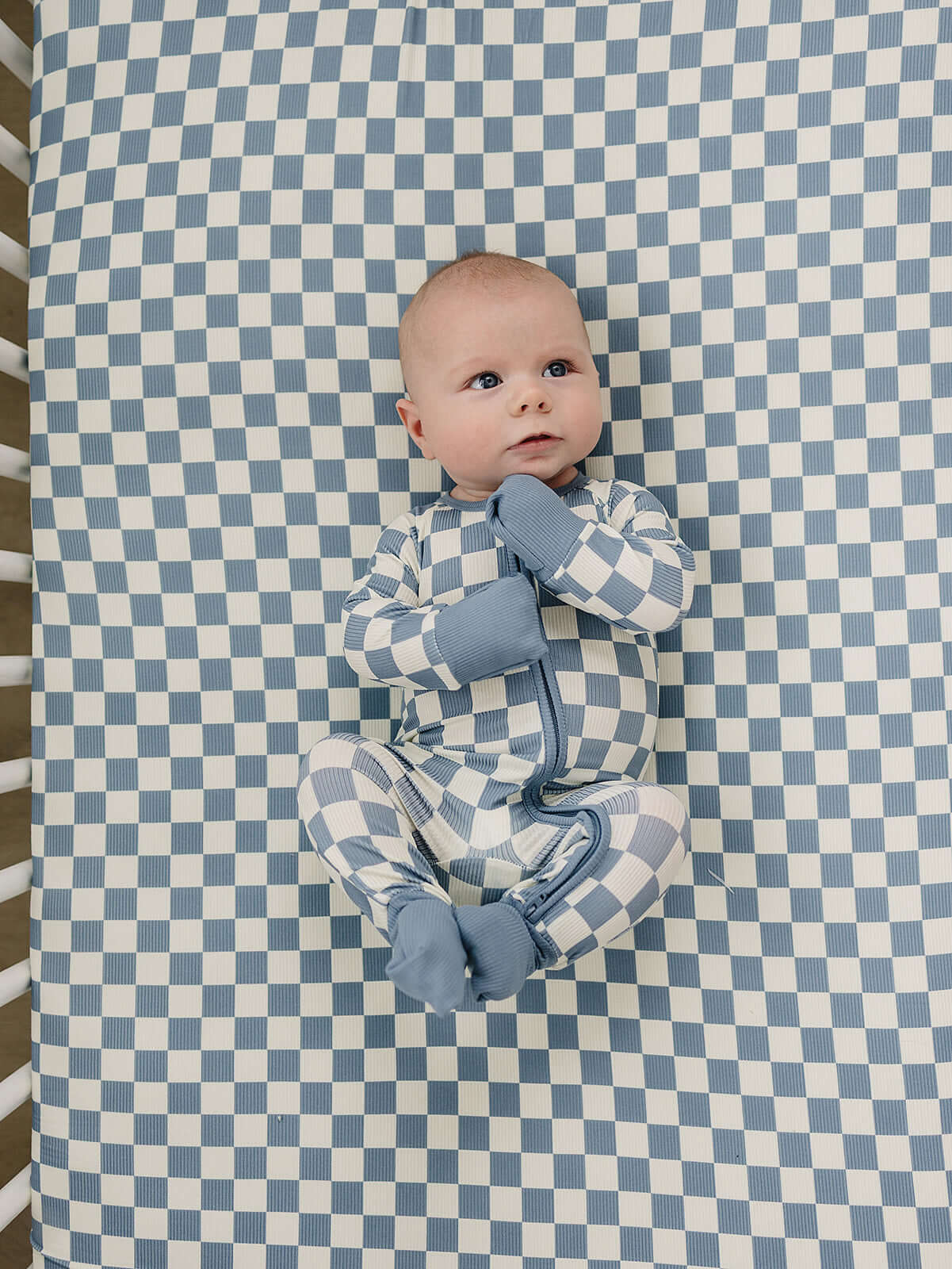 Blue Checkered Ribbed Bamboo Stretch Crib Sheet | Milk & Baby