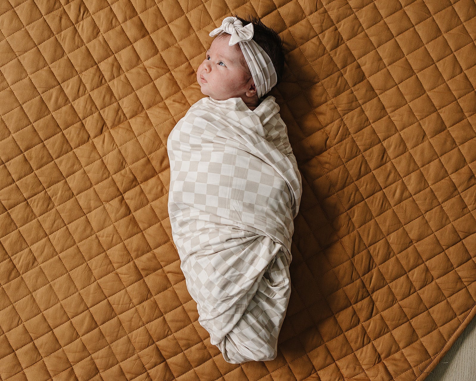 Taupe Checkered Bamboo Stretch Swaddle | Milk & Baby