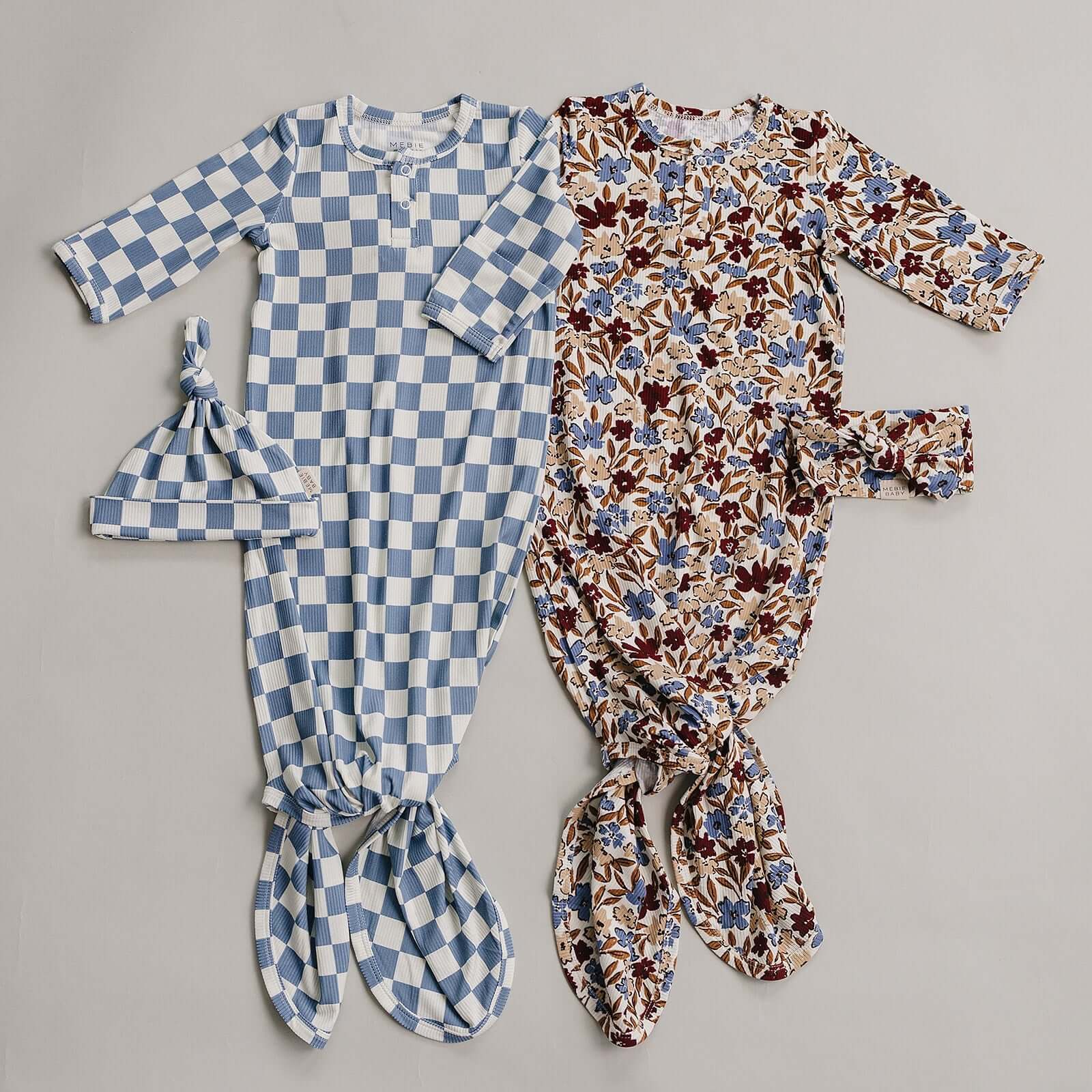 Blue Checkered Ribbed Bamboo Knot Gown | Milk & Baby