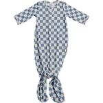 Blue Checkered Ribbed Bamboo Knot Gown | Milk & Baby