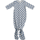 Blue Checkered Ribbed Bamboo Knot Gown | Milk & Baby