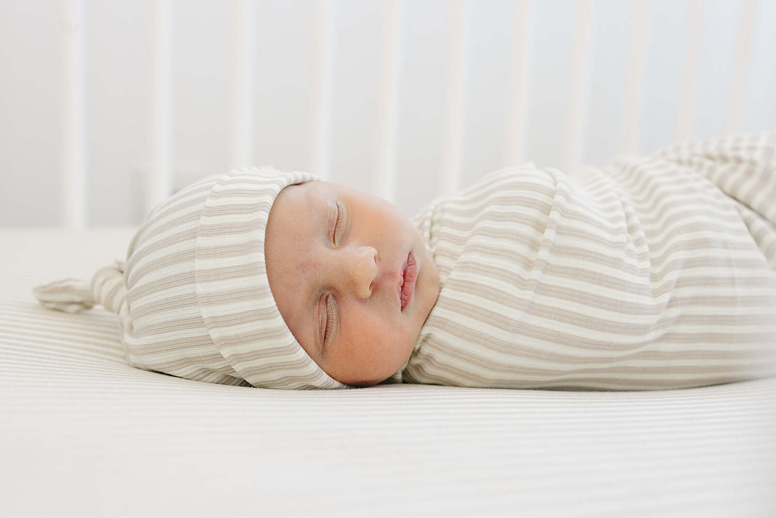Taupe Stripe Ribbed Bamboo Newborn Knot Hat | Milk & Baby