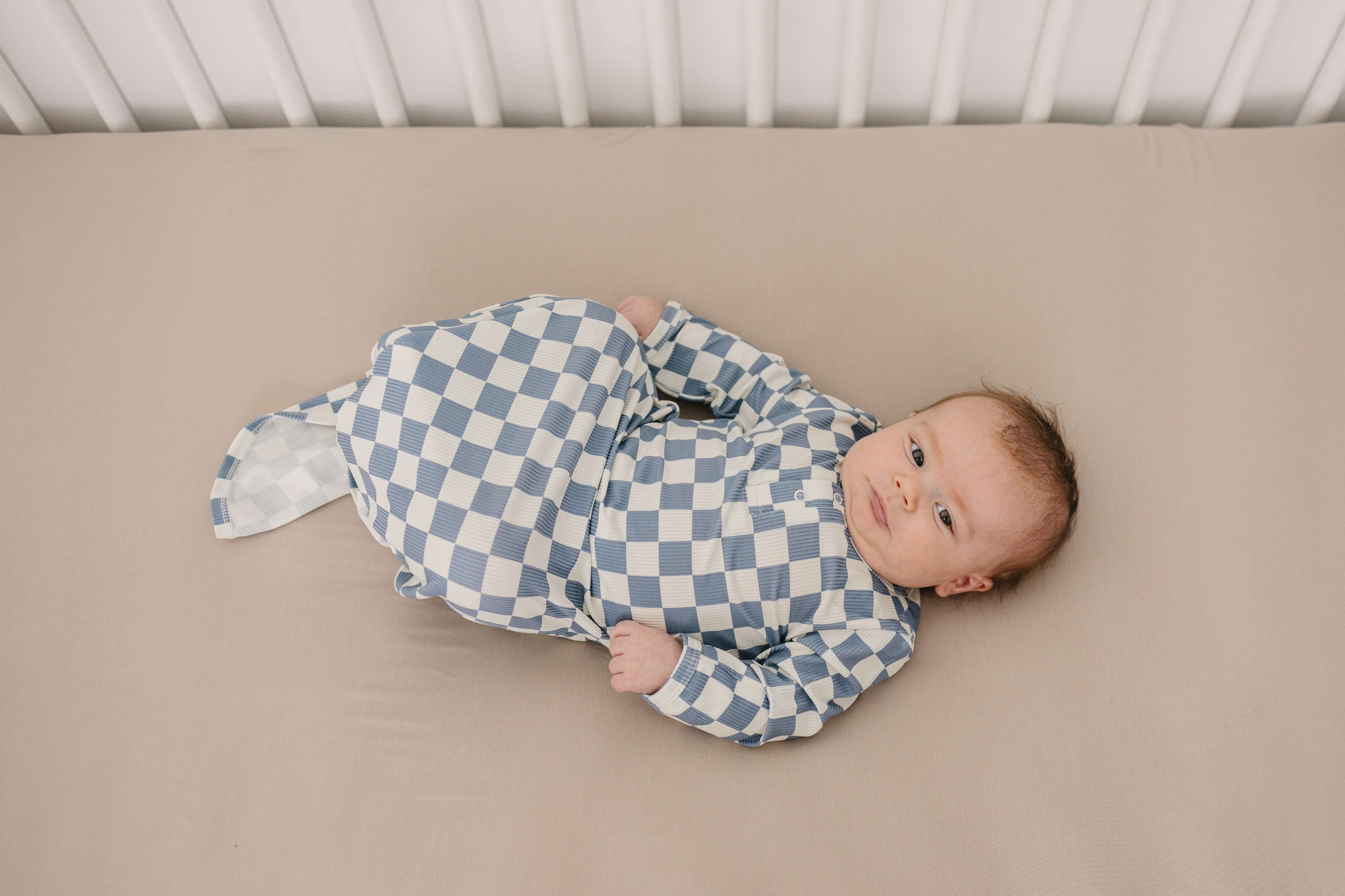 Blue Checkered Ribbed Bamboo Knot Gown | Milk & Baby