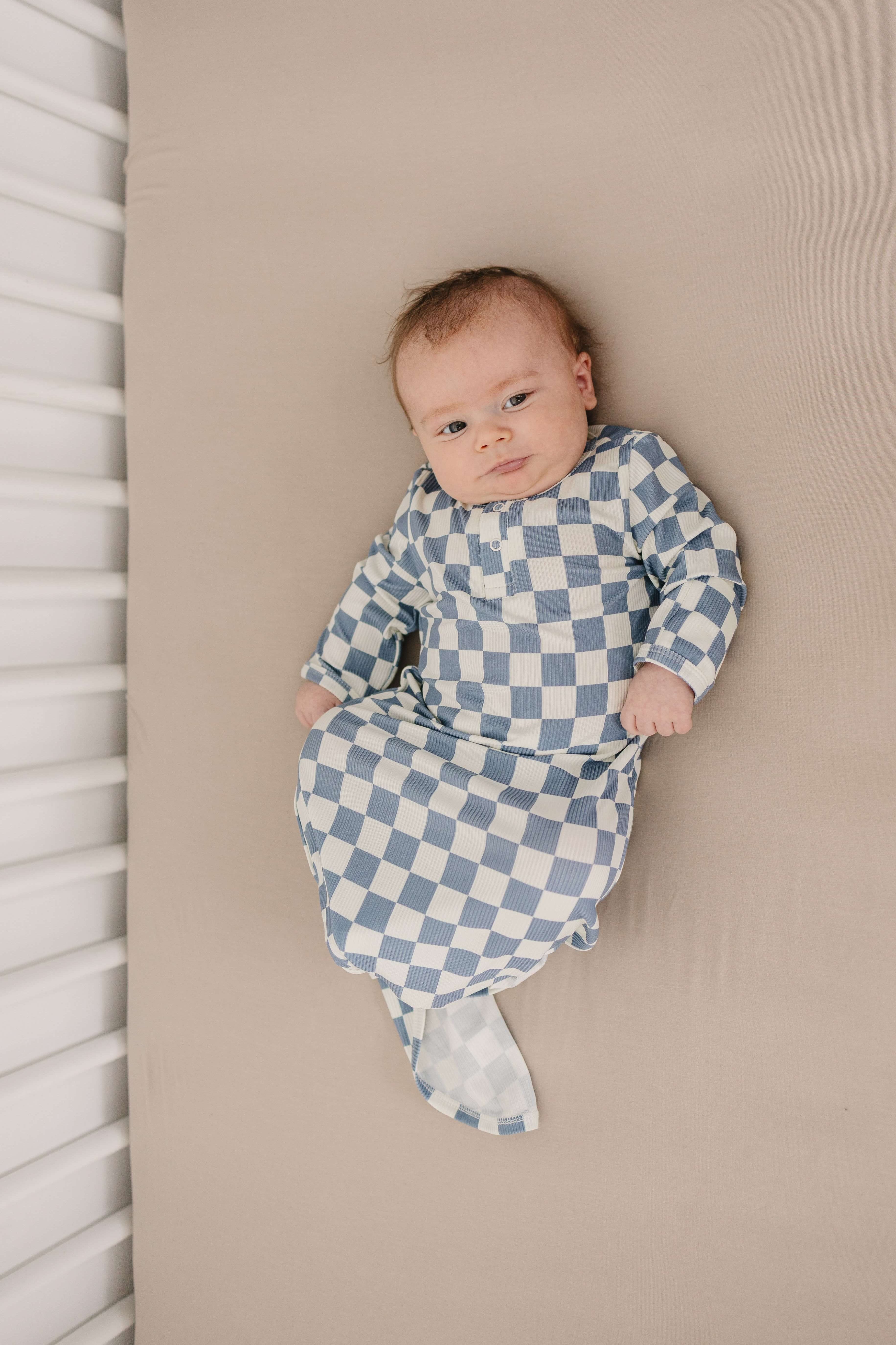 Blue Checkered Ribbed Bamboo Knot Gown | Milk & Baby