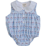 Blue Meadow Bubble Romper featuring a light blue color with red flowers and a cute collar, perfect for sunny adventures.