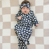 Navy Daisy Ribbed Bamboo Knot Gown | Milk & Baby