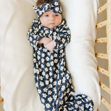 Navy Daisy Ribbed Bamboo Knot Gown | Milk & Baby