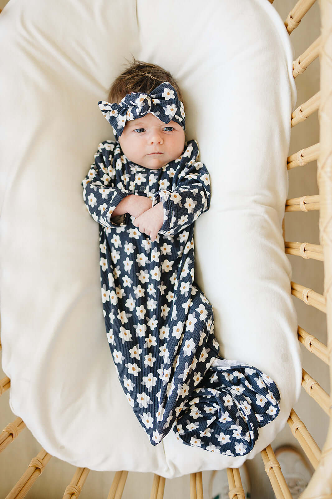 Navy Daisy Ribbed Bamboo Knot Gown | Milk & Baby