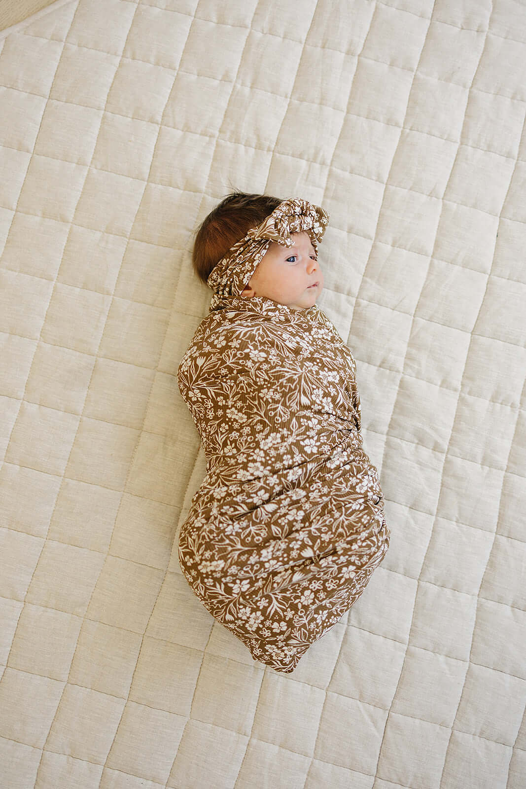 Brown Floral Ribbed Bamboo Stretch Swaddle | Milk & Baby