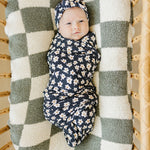 Navy Daisy Ribbed Bamboo Stretch Swaddle | Milk & Baby
