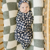 Navy Daisy Ribbed Bamboo Stretch Swaddle | Milk & Baby