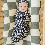 Navy Daisy Ribbed Bamboo Stretch Swaddle | Milk & Baby