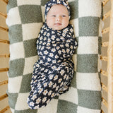 Navy Daisy Ribbed Bamboo Stretch Swaddle | Milk & Baby