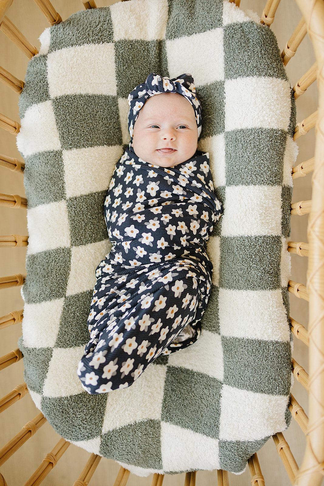 Navy Daisy Ribbed Bamboo Stretch Swaddle | Milk & Baby