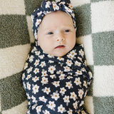 Navy Daisy Ribbed Bamboo Stretch Swaddle | Milk & Baby