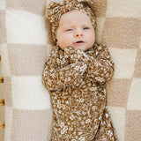 Brown Floral Ribbed Bamboo Knot Gown | Milk & Baby
