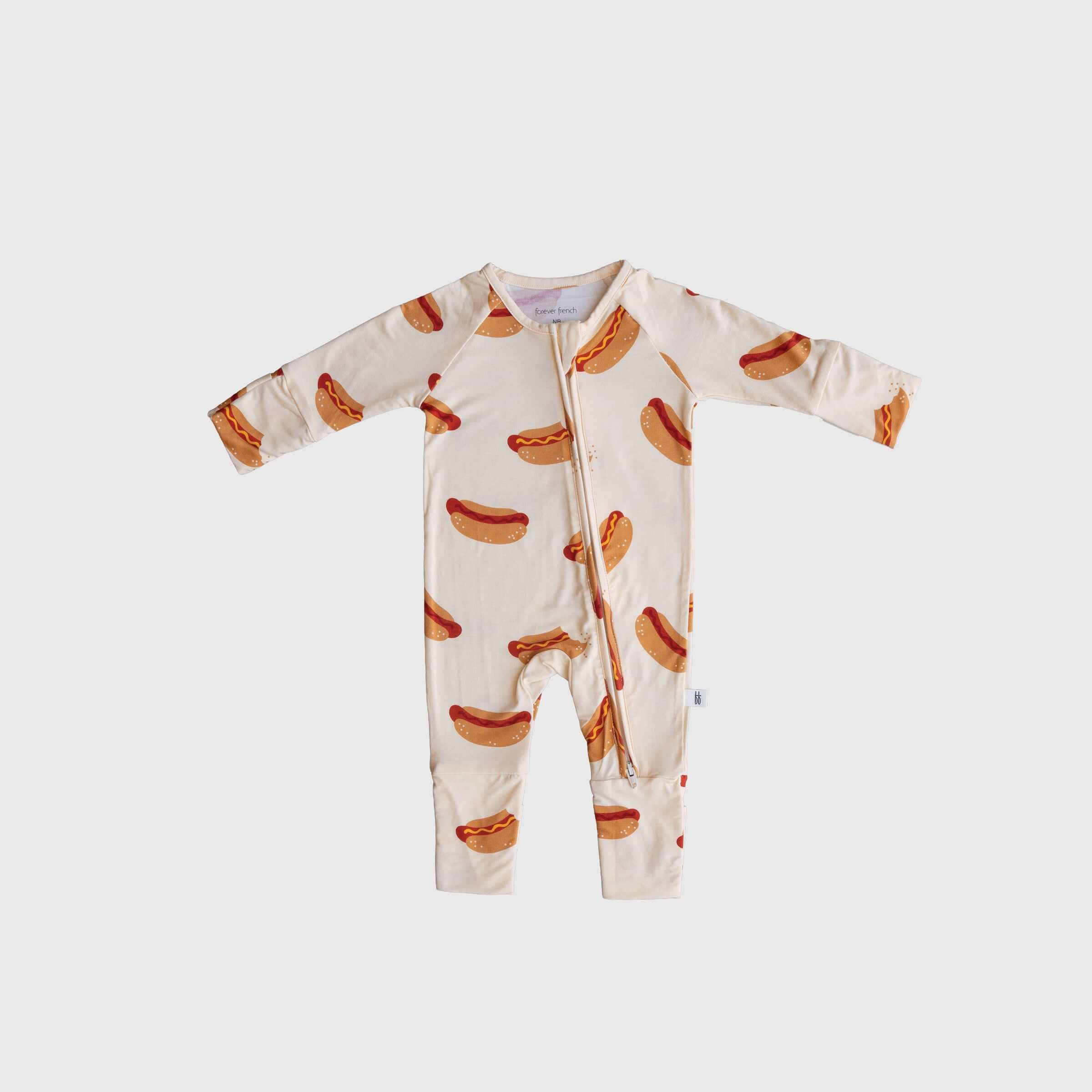 Hot Dogs | Bamboo Zip Pajamas featuring playful hot dog prints on a cozy bamboo fabric.