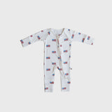 Americana  | Ribbed Bamboo Zip Pajamas featuring a playful flag print, perfect for cozy sleep and play.