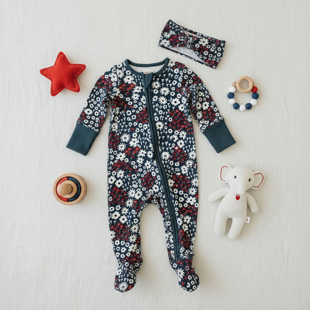 Americana Floral Bamboo Zippy - Baby Toys Flat Lay