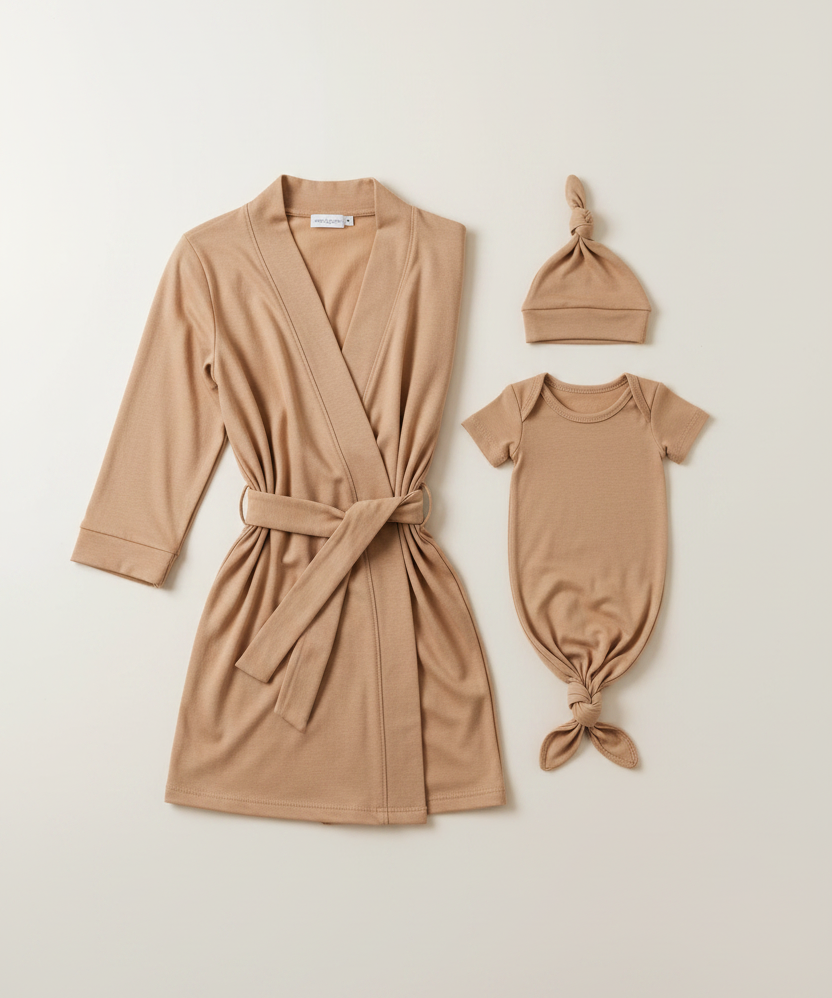 Analise Latte Robe, Baby Gown & Hat Flat Lay